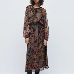 Zara Black and Brown Paisley Midi Dress